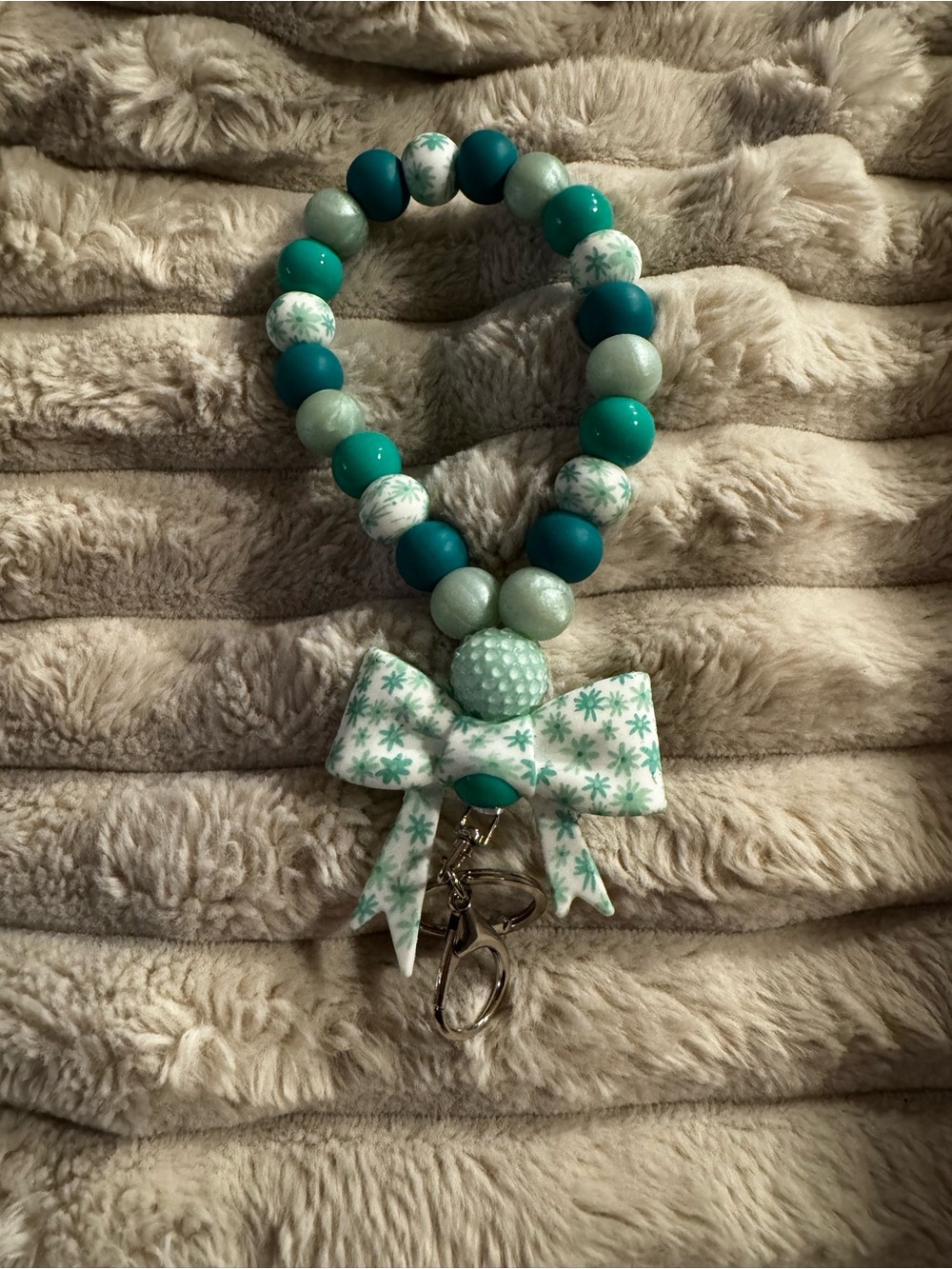 Teal and Mint Beaded Bow Keychain Lanyard